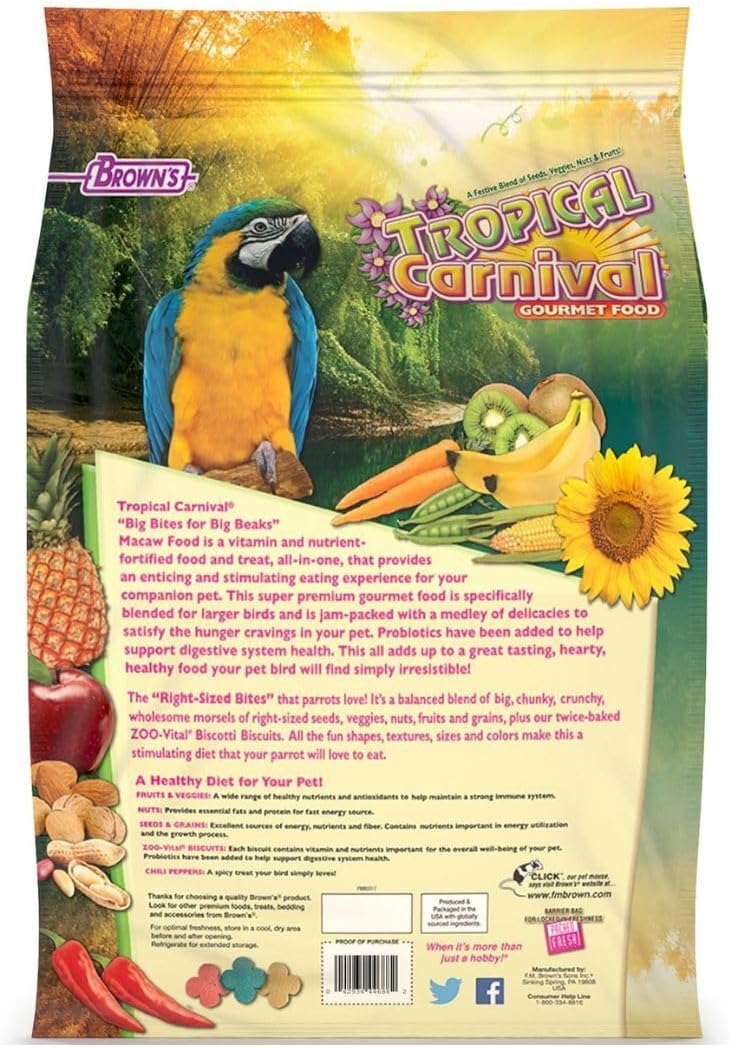 F.M. Brown's Tropical Carnival, Gourmet Macaw Food Big Bites for Big Beaks - Seeds, Veggies, Fruits, and Nuts with Probiotics - 14 lb