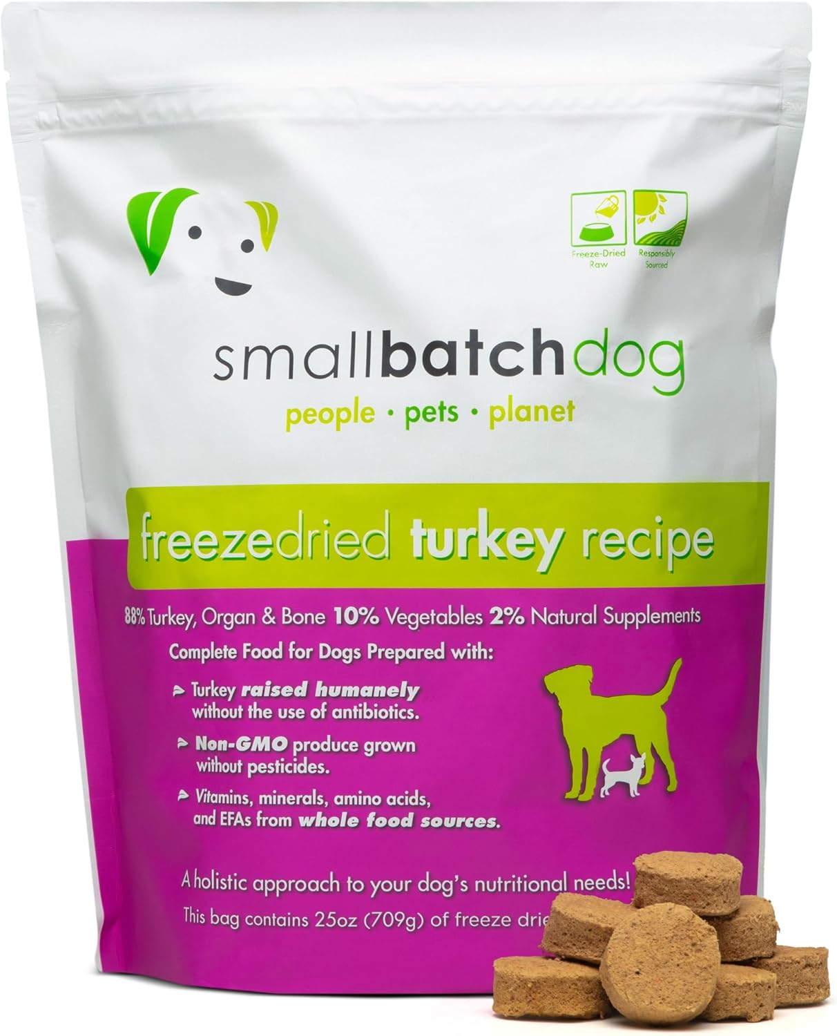 Smallbatch Pets Freeze-Dried Premium Raw Food Diet for Dogs, 25oz, Turkey Recipe, Bulk Bag, Made in The USA, Organic Produce, Humanely Raised Meat, Hydrate and Serve Patties, Wholesome & Healthy