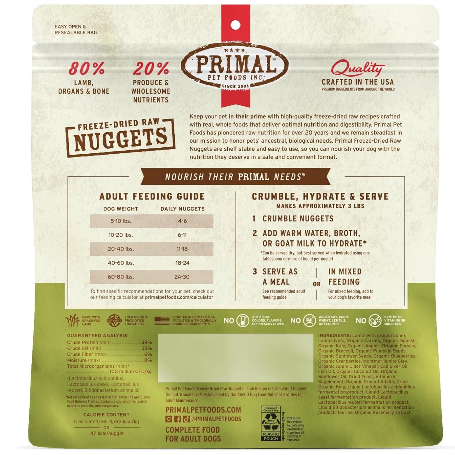 Primal Freeze-Dried Raw Dog Food Nuggets – Lamb (14 oz) | Grain-Free, High-Protein Meal, Topper & Treat