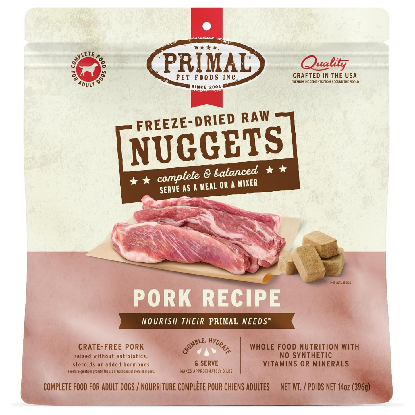 Primal Freeze-Dried Raw Dog Food Nuggets, Pork – Complete & Balanced Meal, Topper or Treat, Grain Free, High Protein (14 oz)