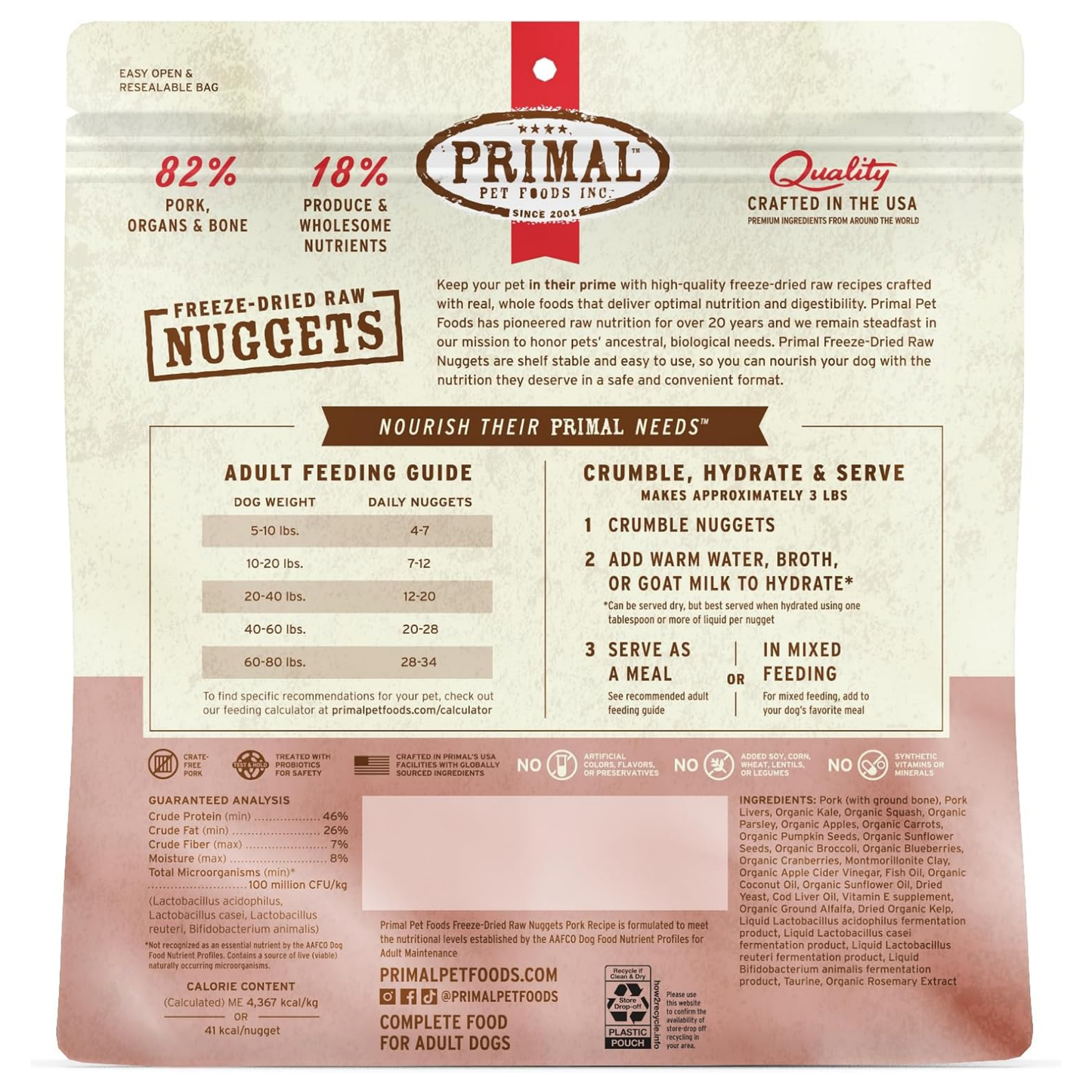 Primal Freeze-Dried Raw Dog Food Nuggets, Pork – Complete & Balanced Meal, Topper or Treat, Grain Free, High Protein (14 oz)