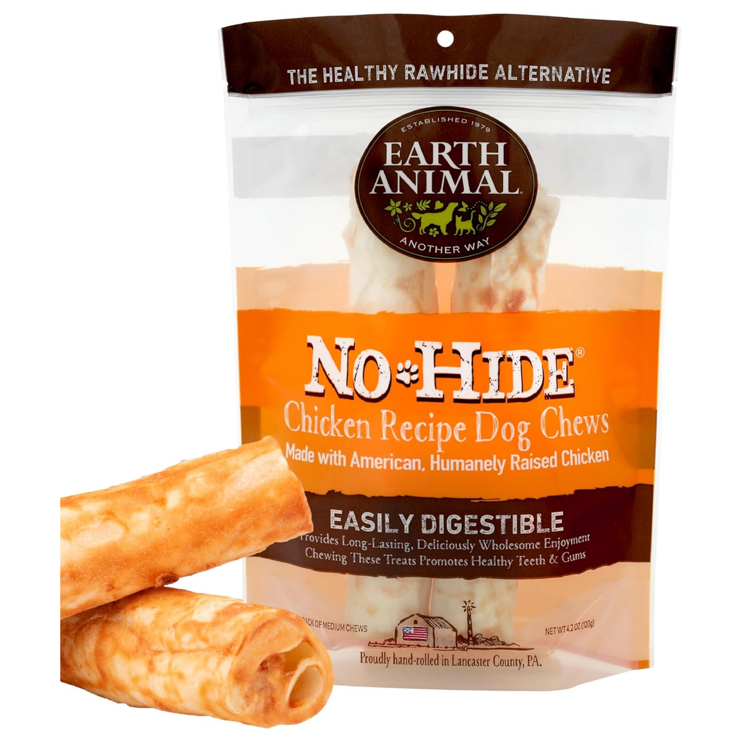Earth Animal No-Hide Medium Chicken Chews – Rawhide-Free, Long-Lasting Dog Treats for Medium to Large Dogs, 4.2 oz