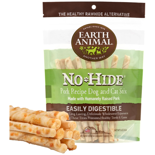 Earth Animal No-Hide Stix Pork Chews – Rawhide-Free Long-Lasting Treats for Small Dogs & Cats, 1.6 oz