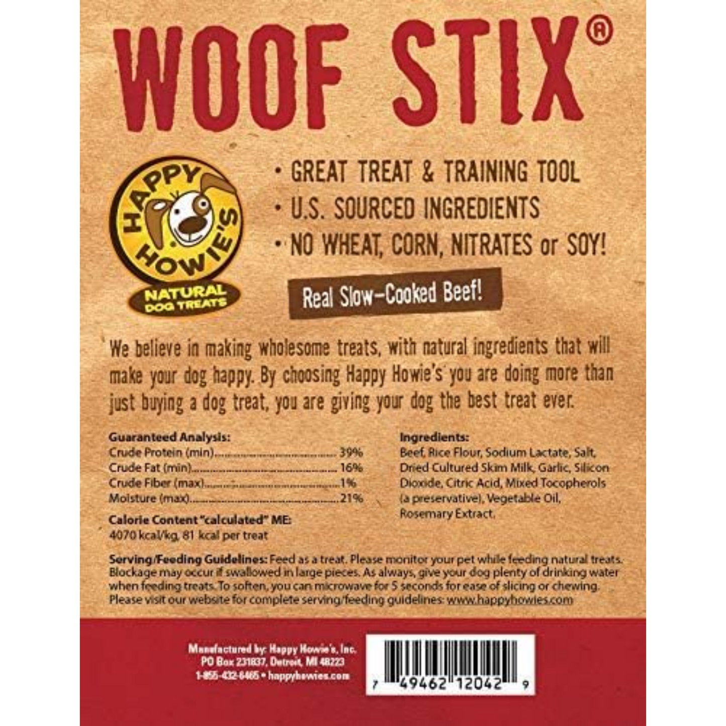Happy Howie’s Woof Stix – Slow-Cooked Beef Dog Treat, Natural & Chewy, Hormone-Free – 1 Pack