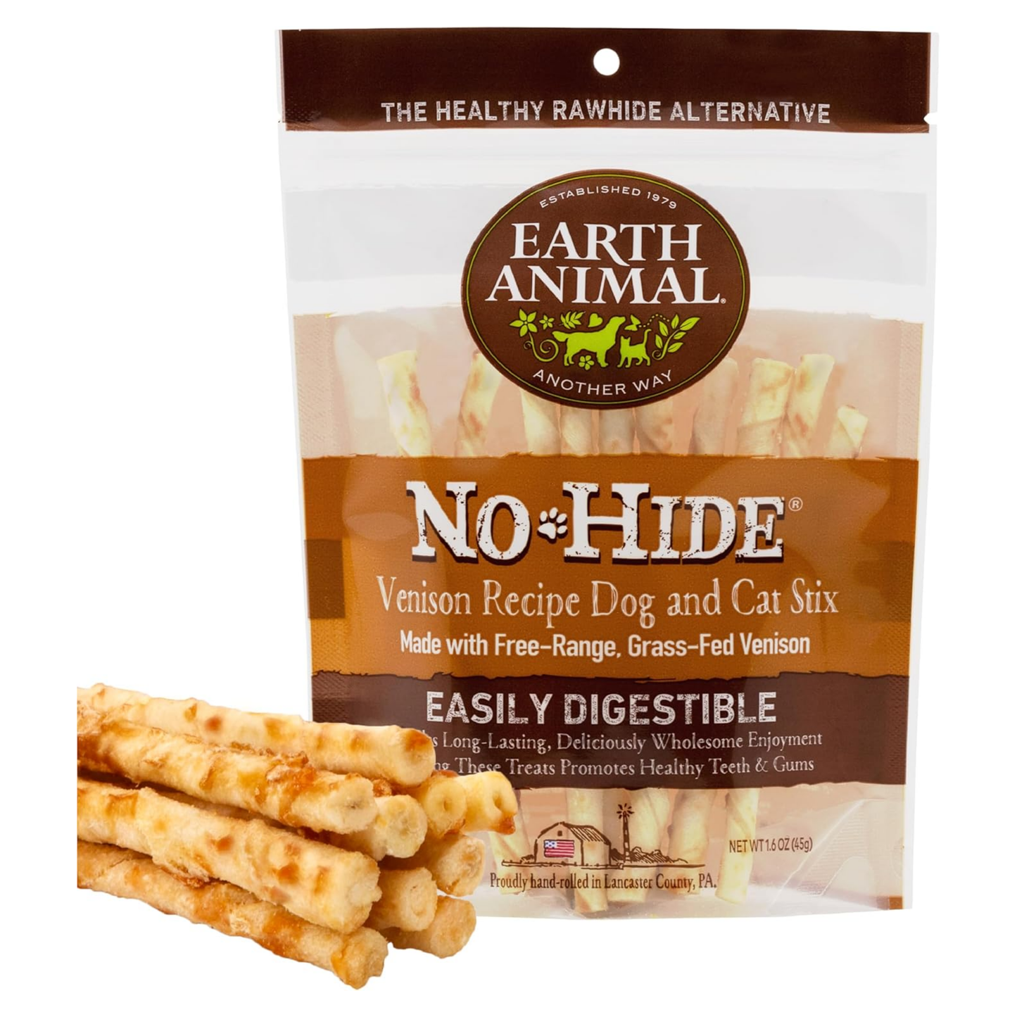 Earth Animal No-Hide Stix Venison Chews – Rawhide-Free Long-Lasting Treats for Small Dogs & Cats, 1.6 oz