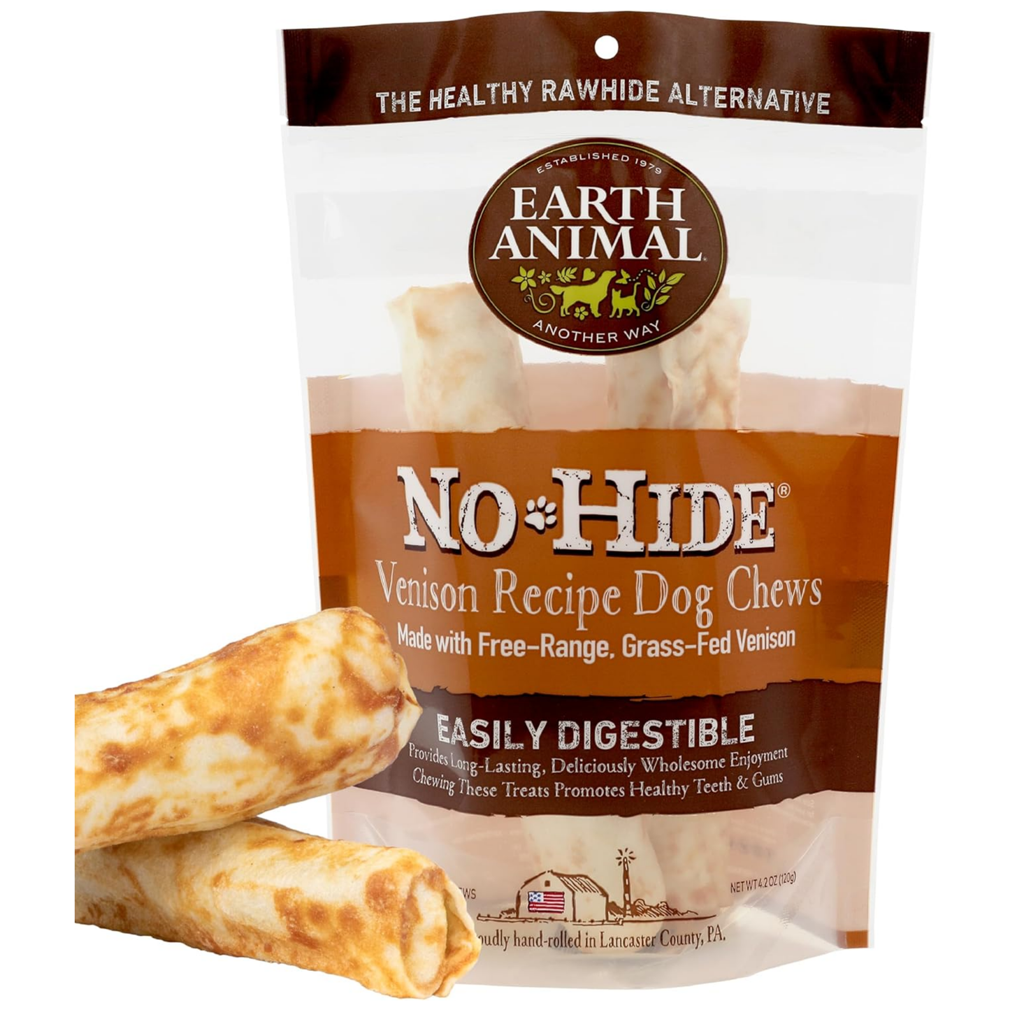 Earth Animal No-Hide Medium Venison Chews – Rawhide-Free Long-Lasting Dog Treats for Aggressive Chewers, 4.2 oz