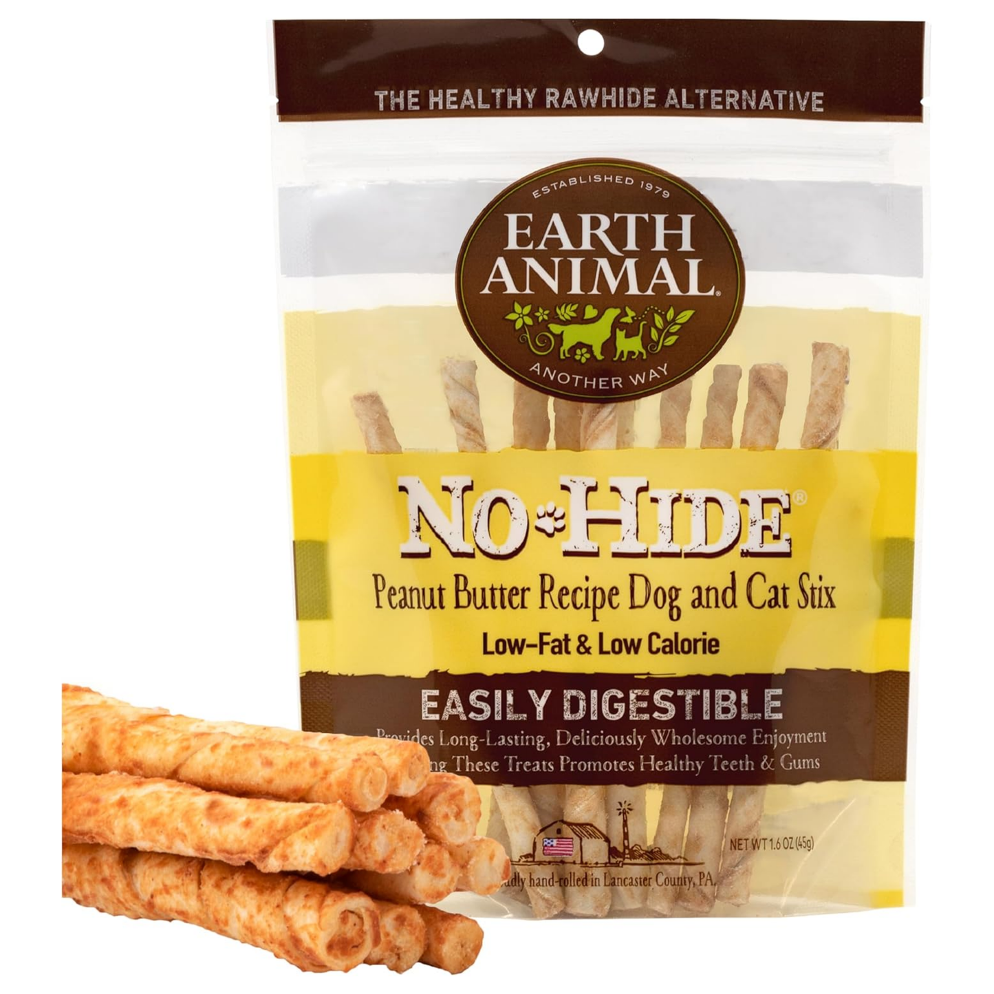 Earth Animal No-Hide Stix Dog Chews – Peanut Butter Flavor, 1.6 oz, Rawhide-Free Treats for Small Dogs & Cats