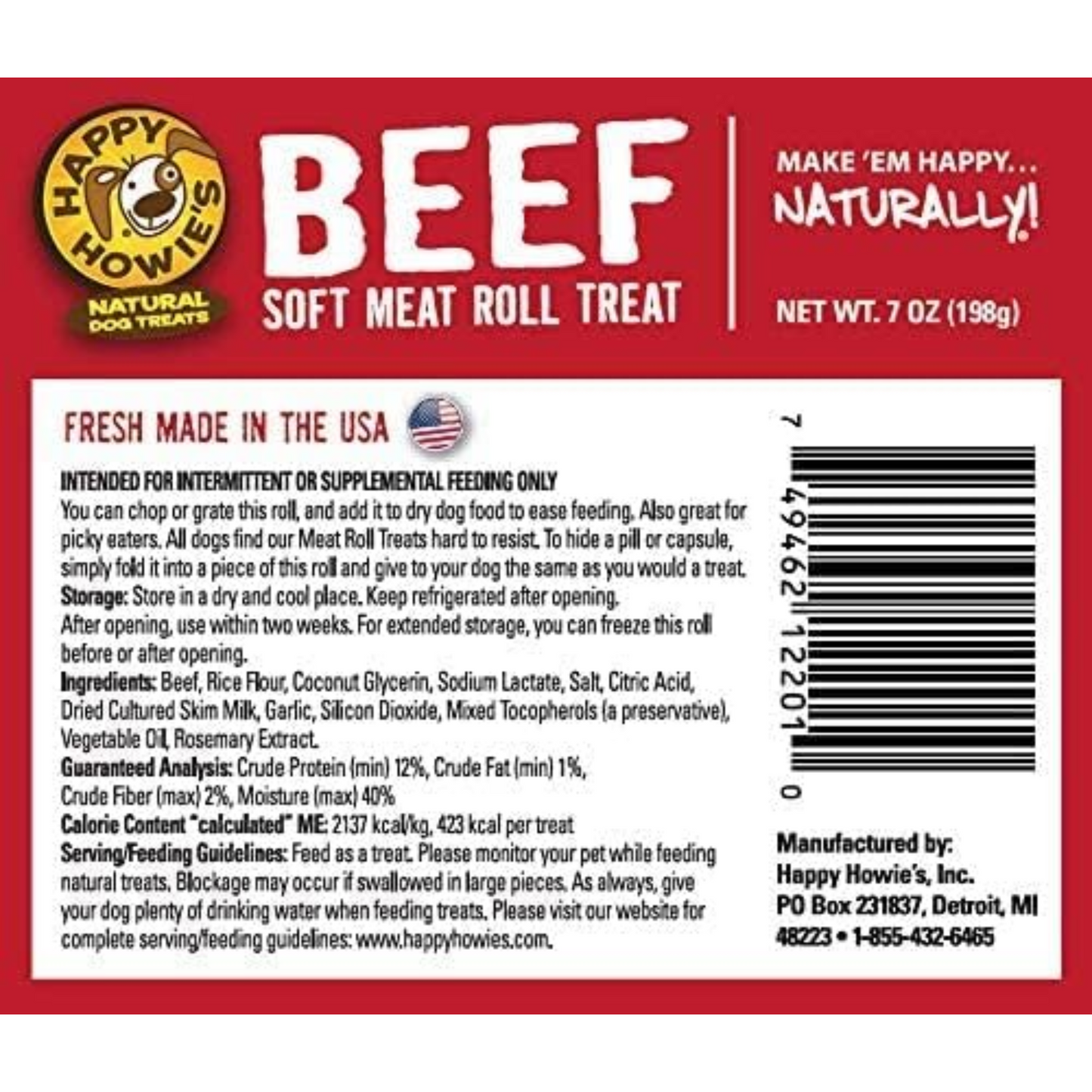 Happy Howie’s Soft Meat Roll Dog Treats – Beef, 12 oz (4-Pack), High Protein, Natural, Made in USA