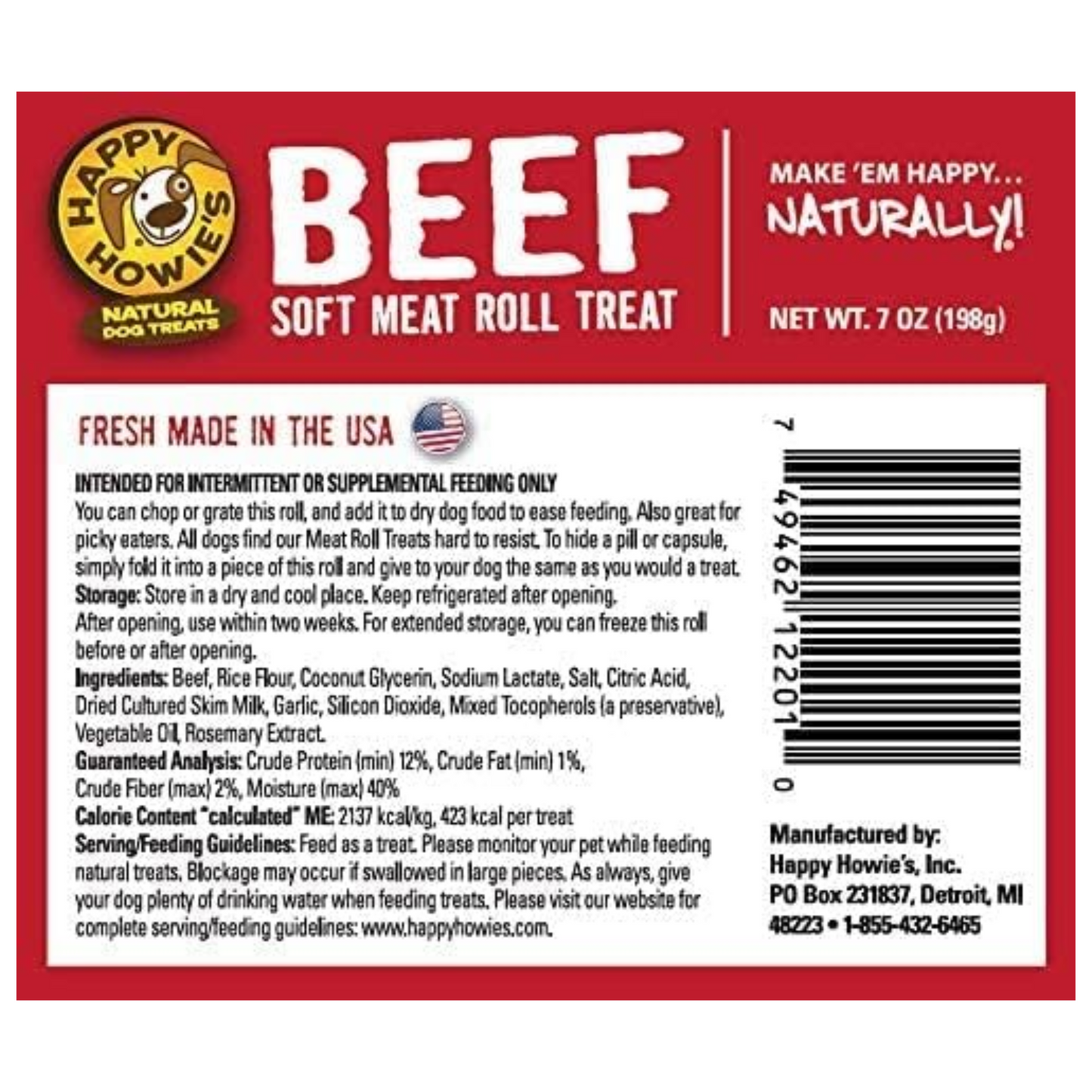 Happy Howie’s Soft Meat Roll Dog Treats – Beef, Lamb & Turkey, 7 oz (Pack of 3) – All Natural, Made in USA