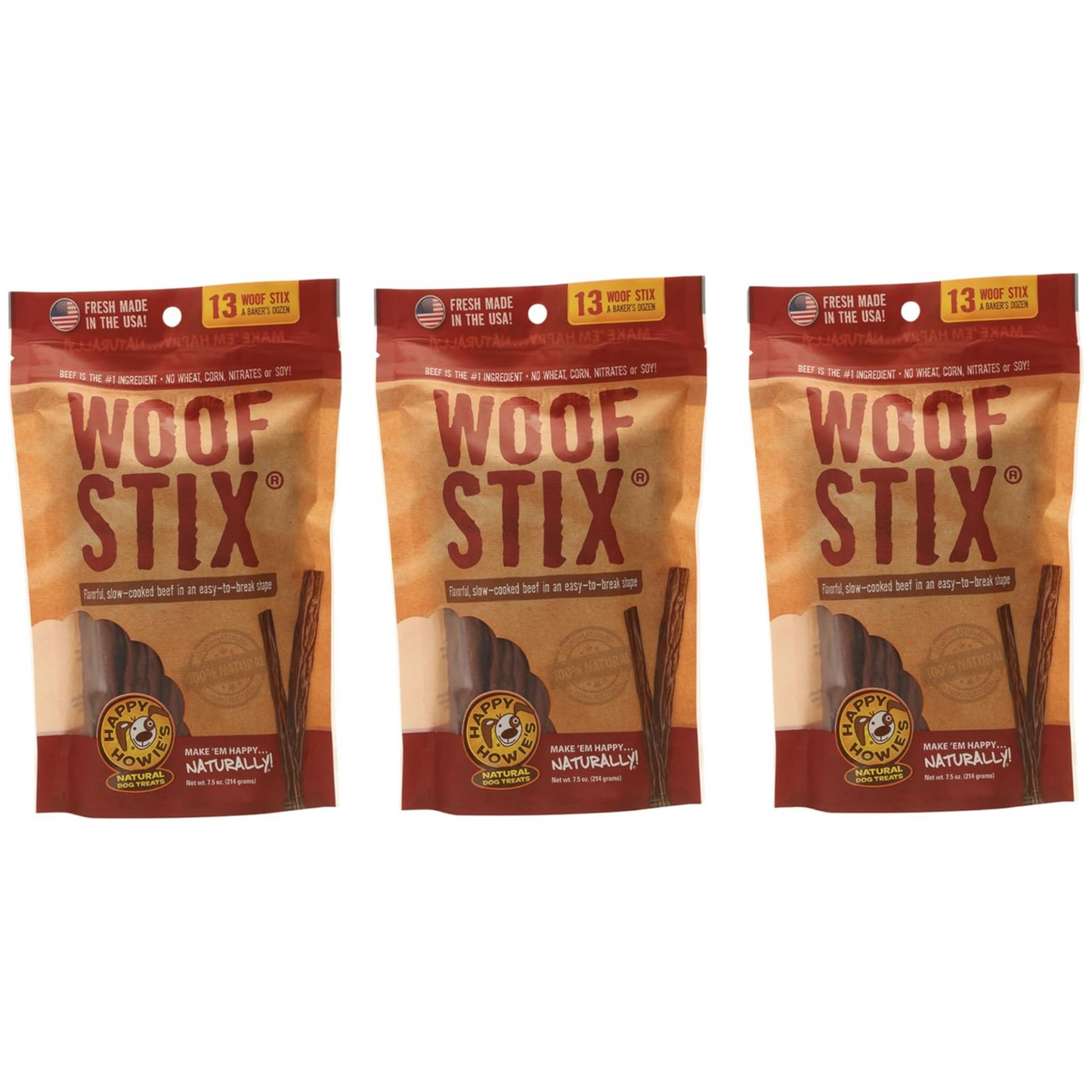 Happy Howie’s Woof Stix – Beef Dog Treats, Slow-Cooked, Natural Ingredients, Hormone-Free, Pack of 3