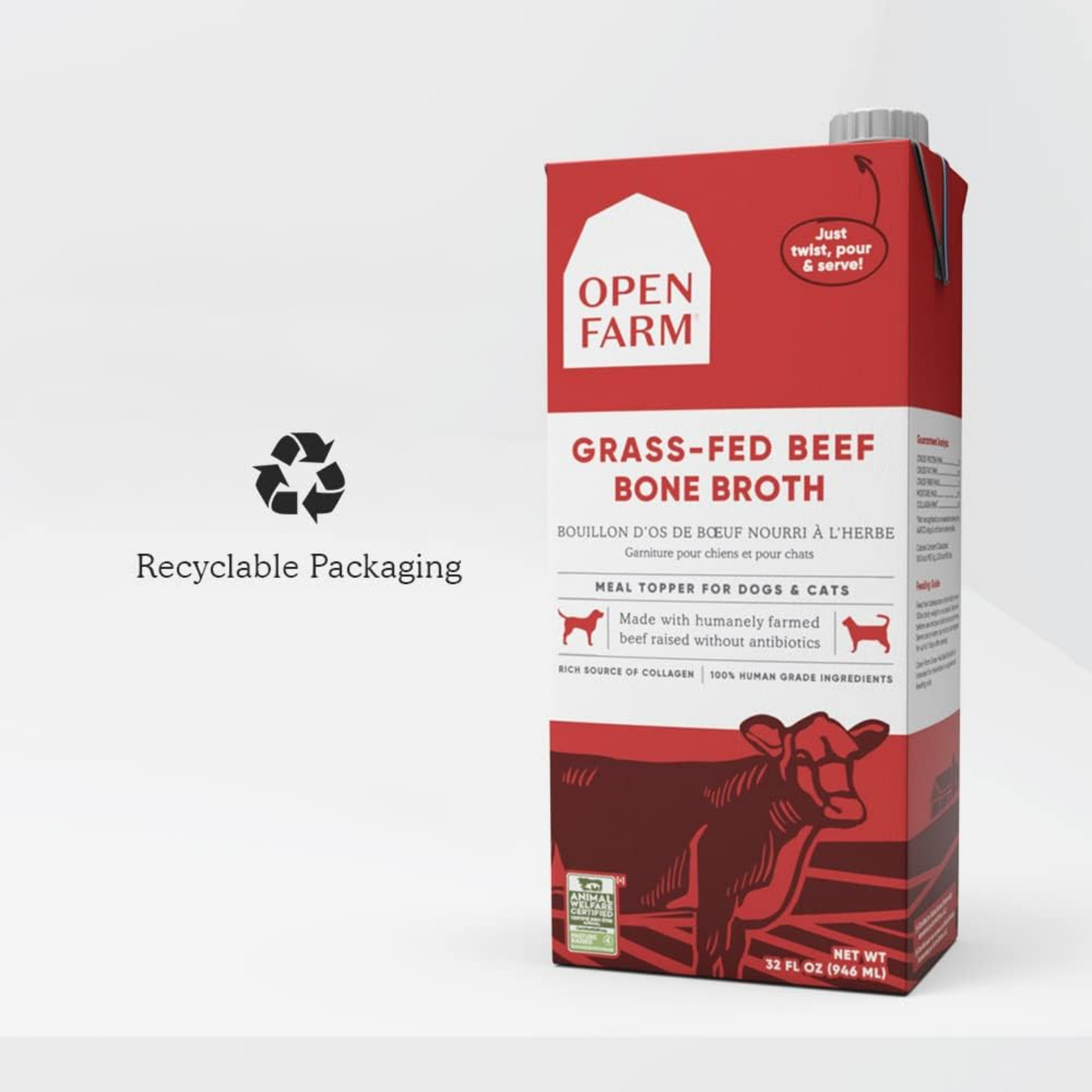 Open Farm Grass-Fed Beef Bone Broth for Dogs & Cats – 32 oz | Food Topper with Superfoods, Humanely Raised, No Artificial Additives