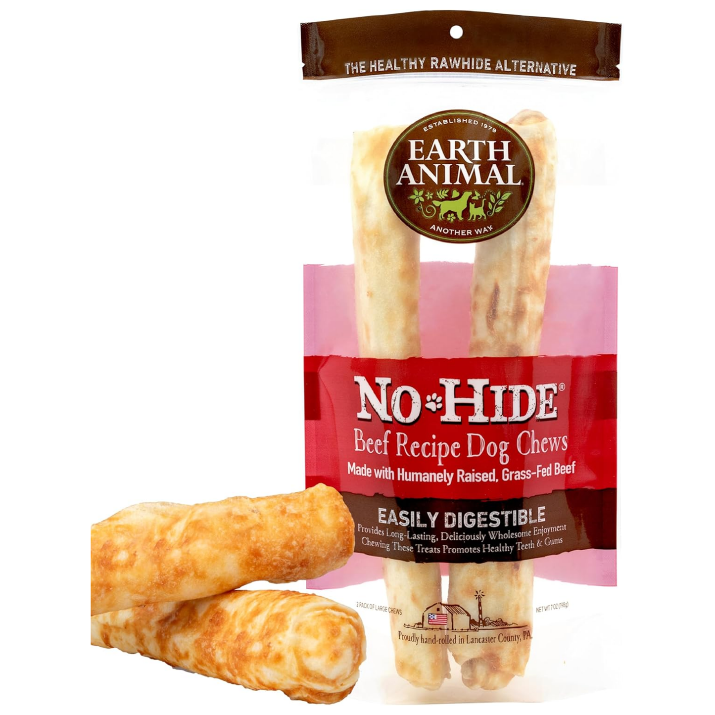 Earth Animal No-Hide Large Beef Chews – Rawhide-Free Long-Lasting Dog Treats for Aggressive Chewers, 7 oz