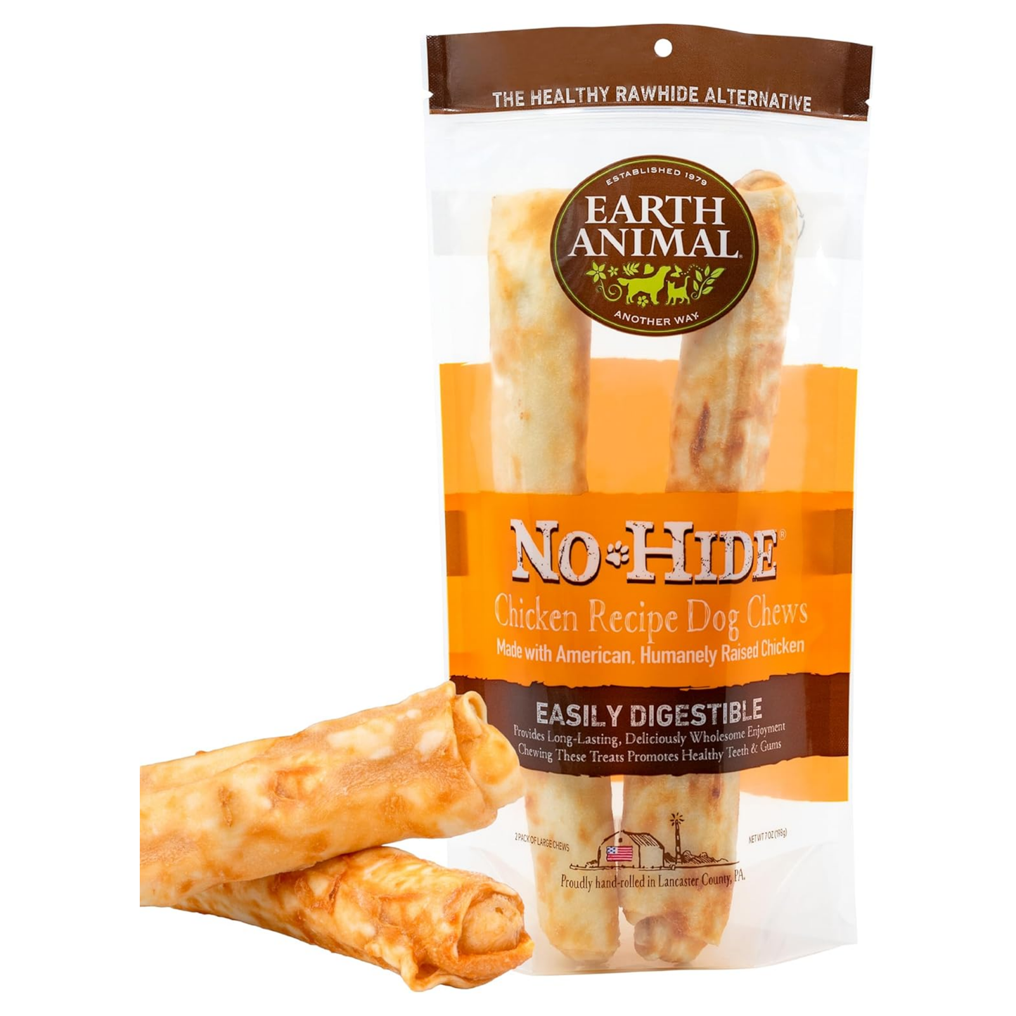 Earth Animal No-Hide Large Dog Chews – Chicken Flavor, 7 oz, Rawhide-Free Long-Lasting Treats for Aggressive Chewers