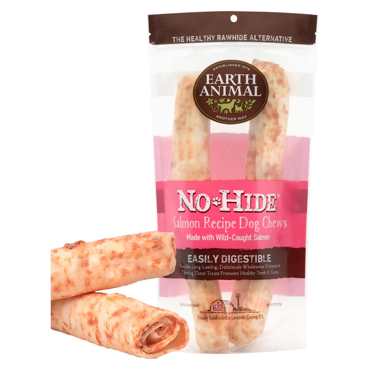 Earth Animal No-Hide Large Salmon Chews – Rawhide-Free Long-Lasting Dog Treats for Aggressive Chewers, 7 oz