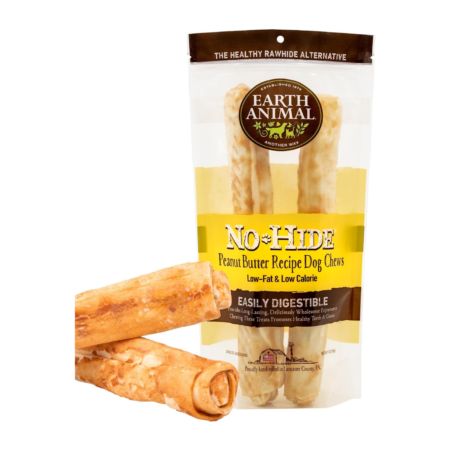 Earth Animal No-Hide Large Peanut Butter Chews – Rawhide-Free Long-Lasting Dog Treats for Aggressive Chewers, 7 oz