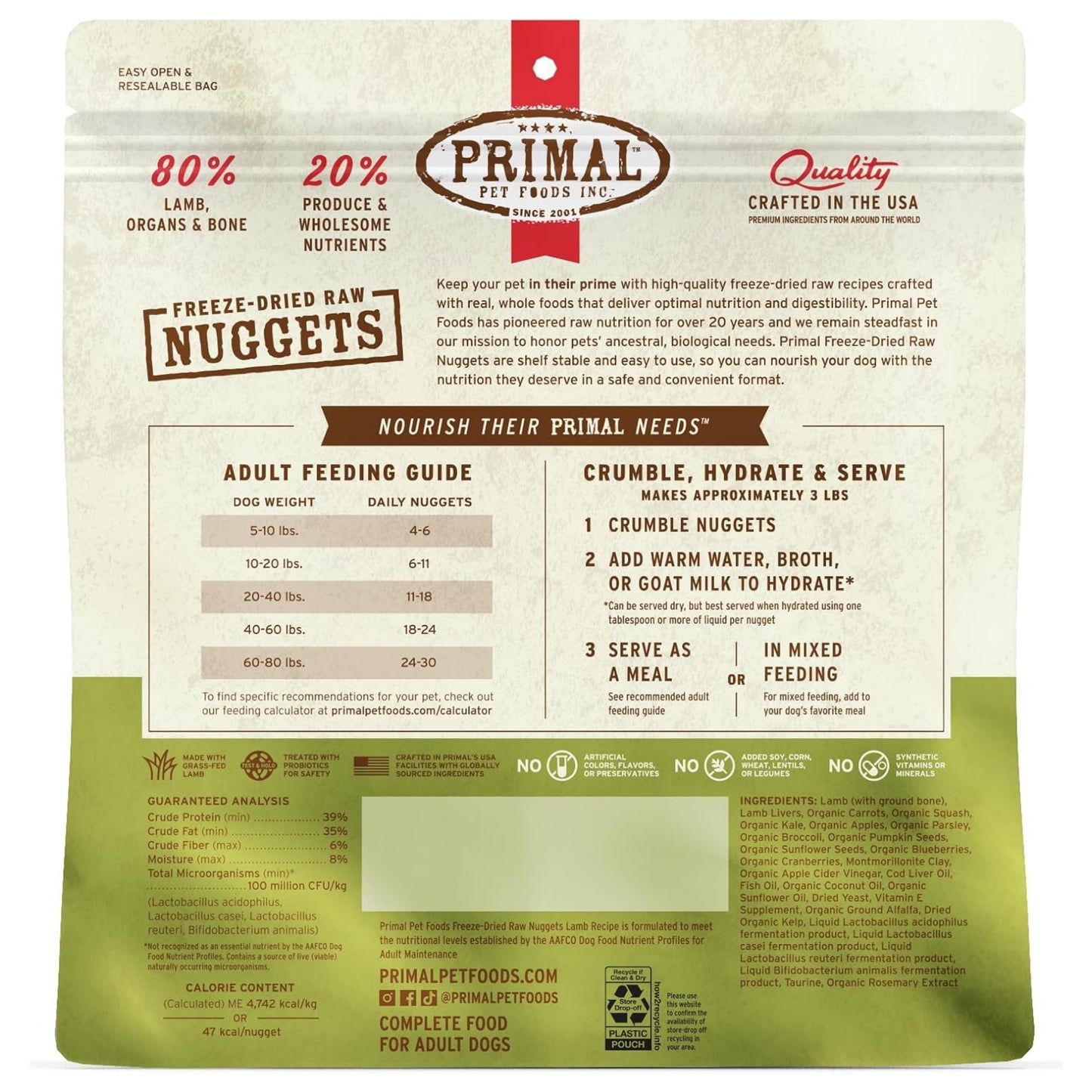 Primal Freeze-Dried Raw Dog Food Nuggets – Lamb (14 oz, 2-Pack) | Grain-Free, High-Protein Meal, Topper & Treat