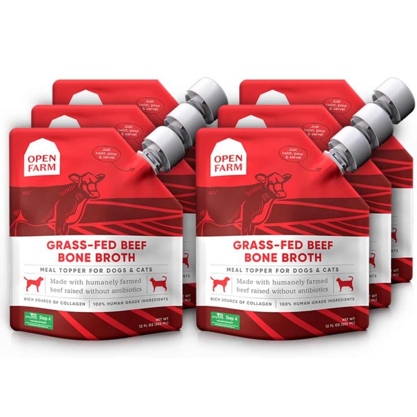 Open Farm Bone Broth for Dogs & Cats – Grass-Fed Beef, 72 oz (6 x 12 oz) | Natural Food Topper with Superfoods