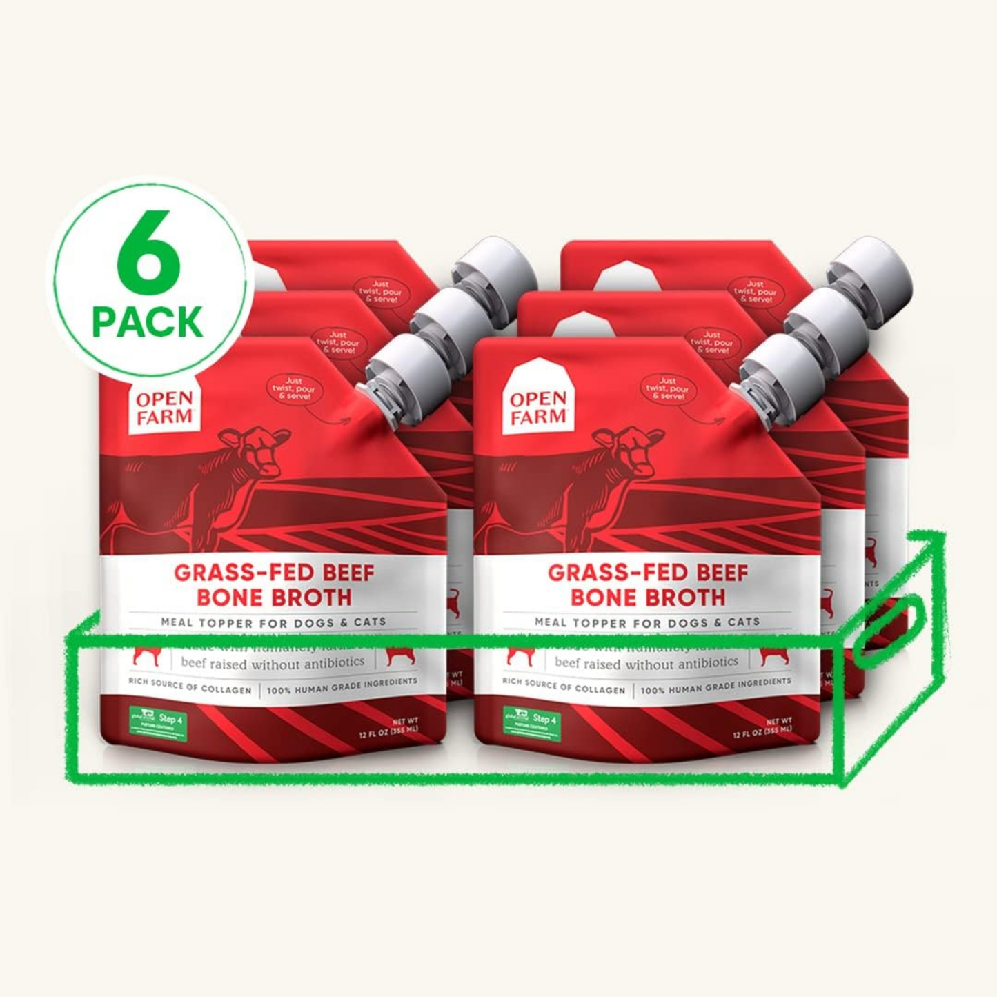 Open Farm Bone Broth for Dogs & Cats – Grass-Fed Beef, 72 oz (6 x 12 oz) | Natural Food Topper with Superfoods