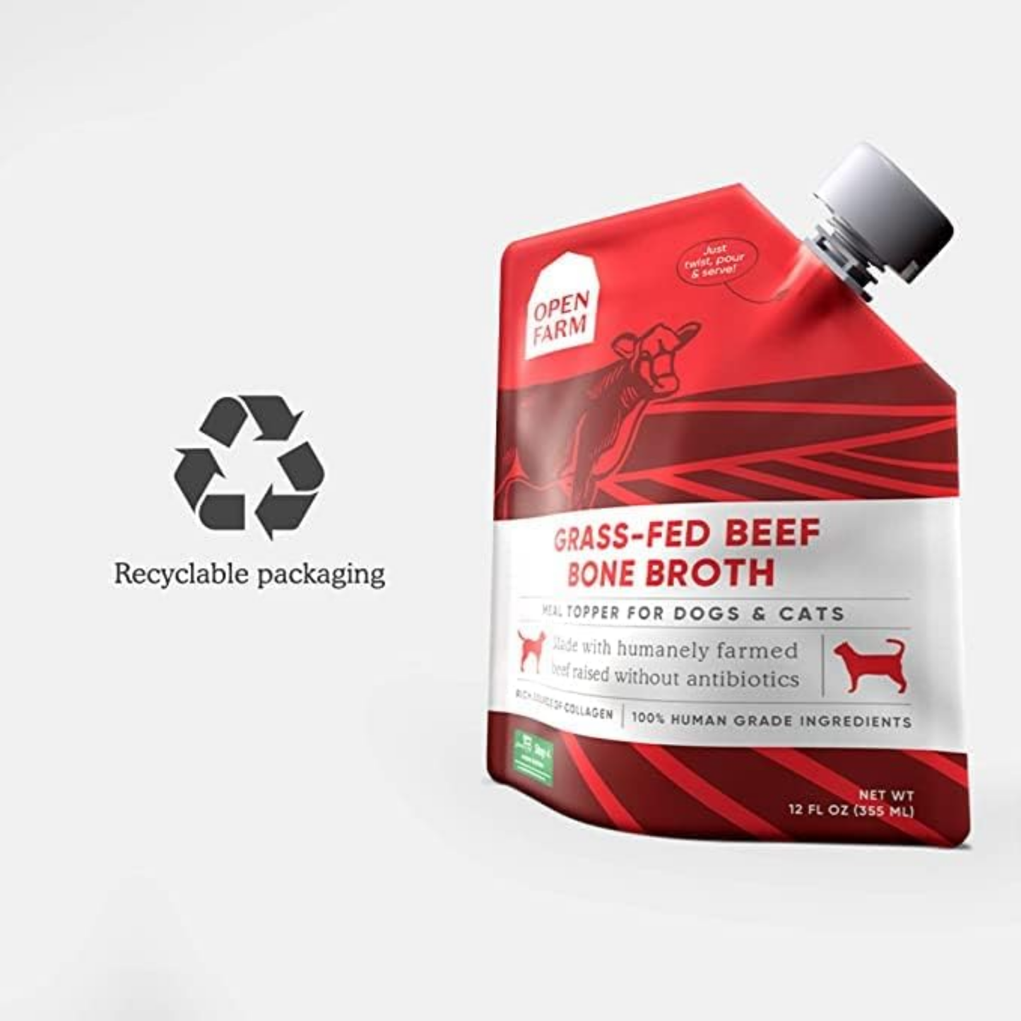 Open Farm Bone Broth for Dogs & Cats – Grass-Fed Beef, 72 oz (6 x 12 oz) | Natural Food Topper with Superfoods