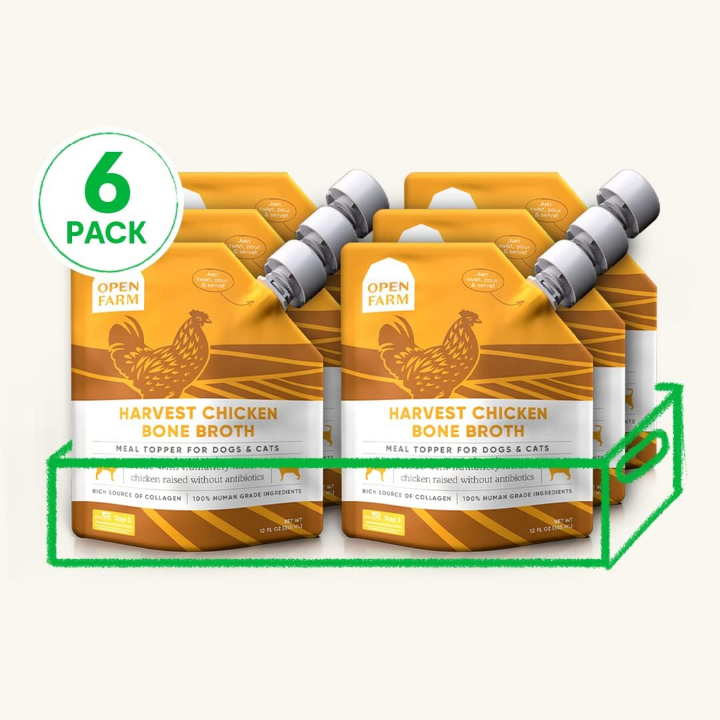 Open Farm Bone Broth Food Topper for Dogs & Cats – Harvest Chicken Recipe, 72 oz (6 Pack) | Natural Superfood with Responsibly Sourced Meat