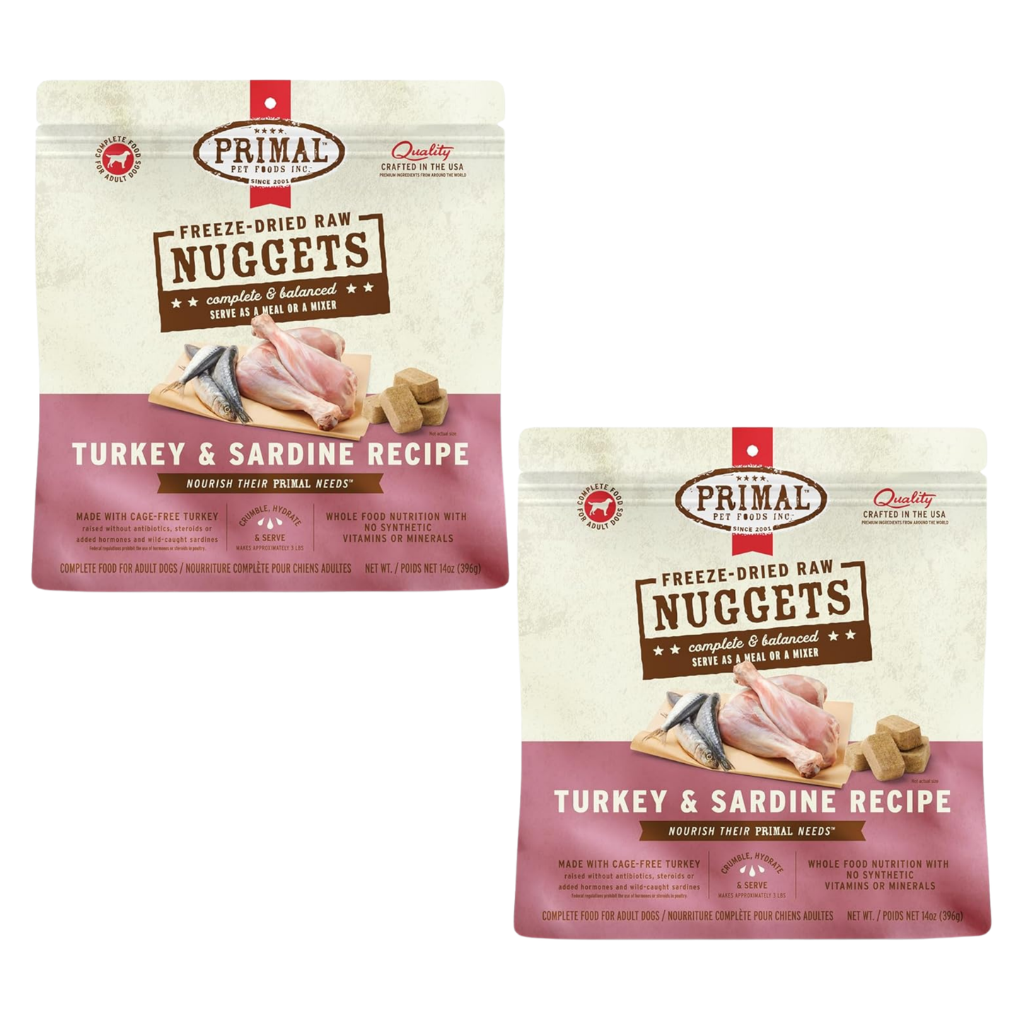 Primal Freeze-Dried Raw Dog Food Nuggets, Turkey & Sardine – Complete & Balanced Meal, Topper or Treat, Grain Free, High Protein (14 oz, 2-Pack)