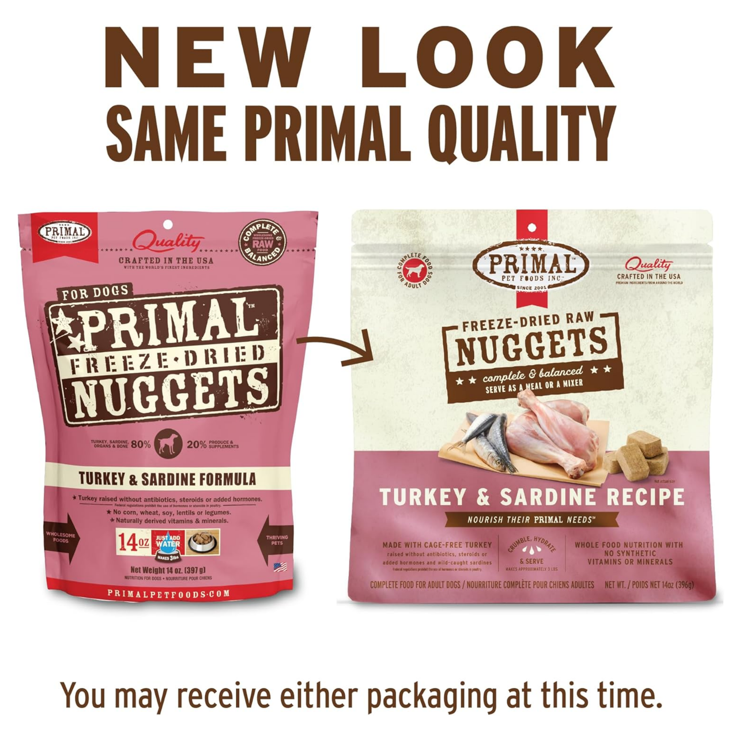 Primal Freeze-Dried Raw Dog Food Nuggets, Turkey & Sardine – Complete & Balanced Meal, Topper or Treat, Grain Free, High Protein (14 oz, 2-Pack)