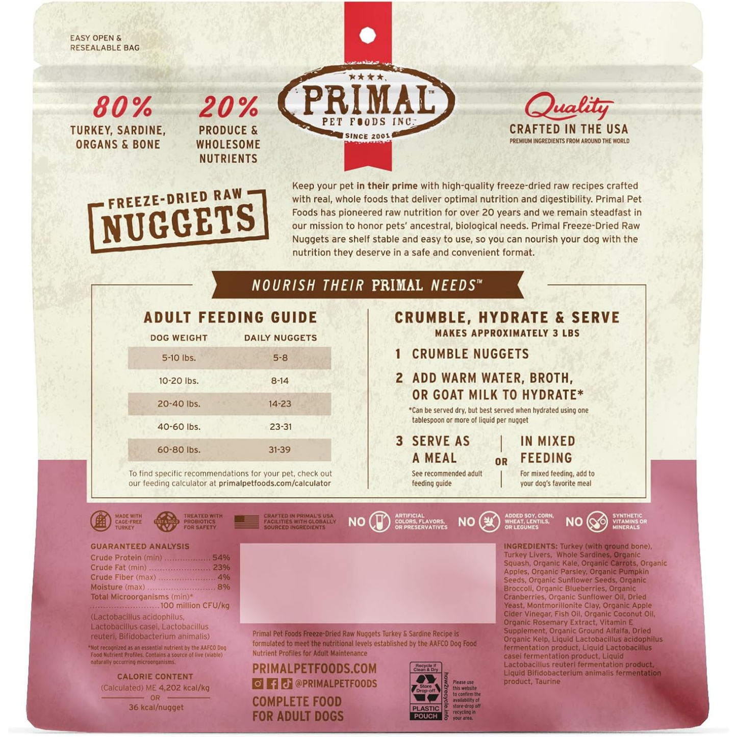 Primal Freeze-Dried Raw Dog Food Nuggets, Turkey & Sardine – Complete & Balanced Meal, Topper or Treat, Grain Free, High Protein (14 oz, 2-Pack)