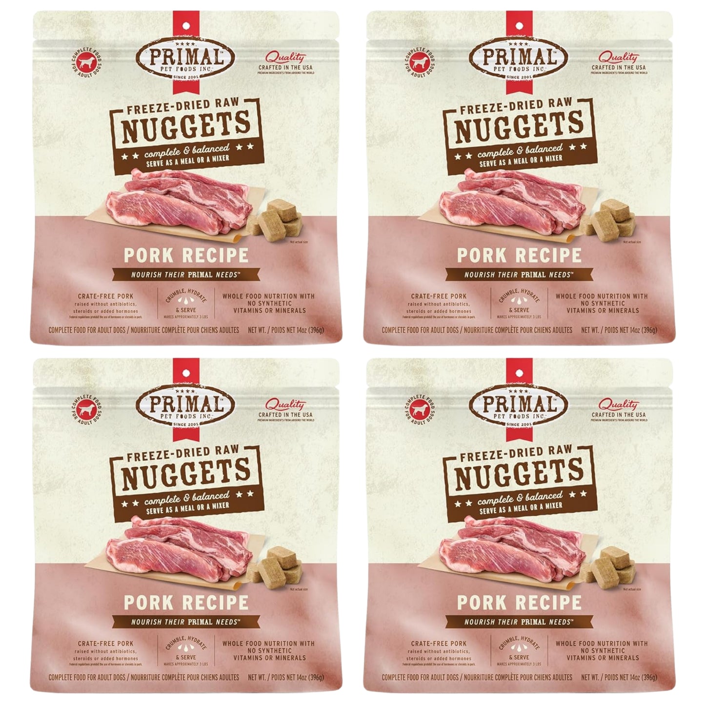 Primal Freeze-Dried Raw Dog Food Nuggets – Pork (14 oz, 4-Pack) | Grain-Free, High-Protein Meal, Topper & Treat