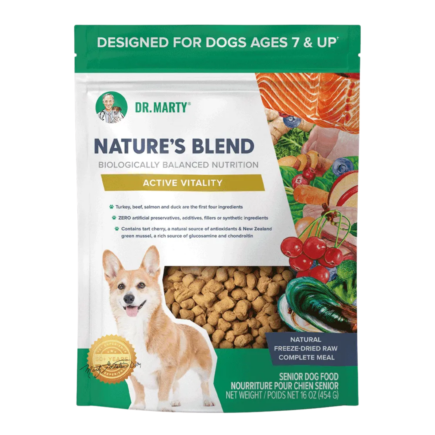 Dr. Marty Nature’s Blend Active Vitality Freeze-Dried Raw Dog Food – 3 packs of 16 oz, for Senior Dogs (Ages 7+)