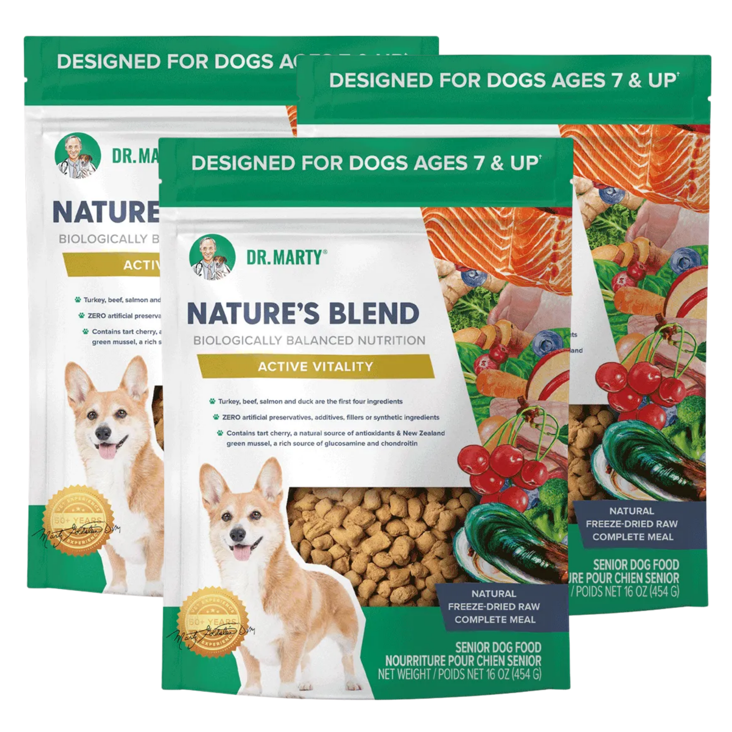 Dr. Marty Nature’s Blend Active Vitality Freeze-Dried Raw Dog Food – 3 packs of 16 oz, for Senior Dogs (Ages 7+)
