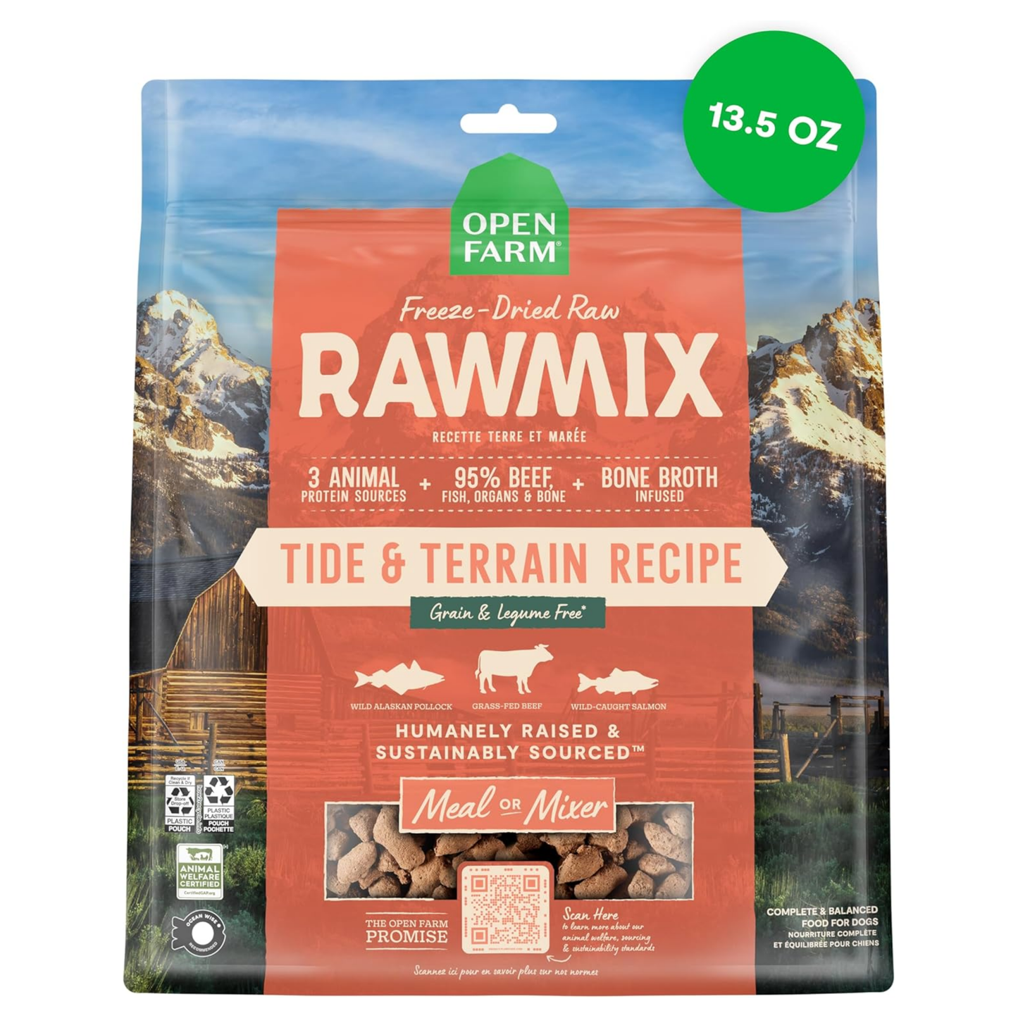 Open Farm RawMix Freeze-Dried Raw Morsels Dog Food Topper – Tide & Terrain Recipe, 13.5 oz | 95% Real Meat, Organs & Bones with Bone Broth