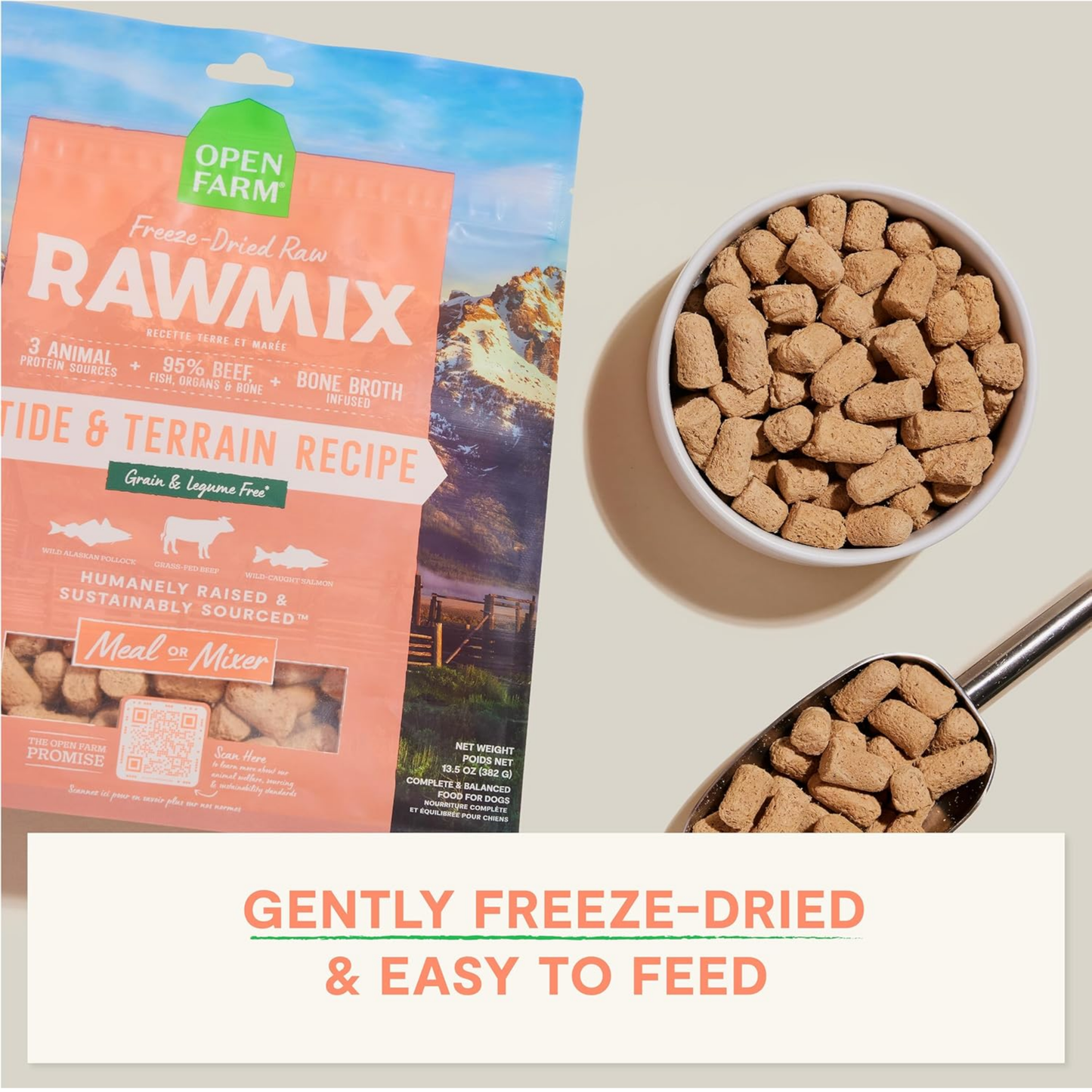 Open Farm RawMix Freeze-Dried Raw Morsels Dog Food Topper – Tide & Terrain Recipe, 13.5 oz | 95% Real Meat, Organs & Bones with Bone Broth