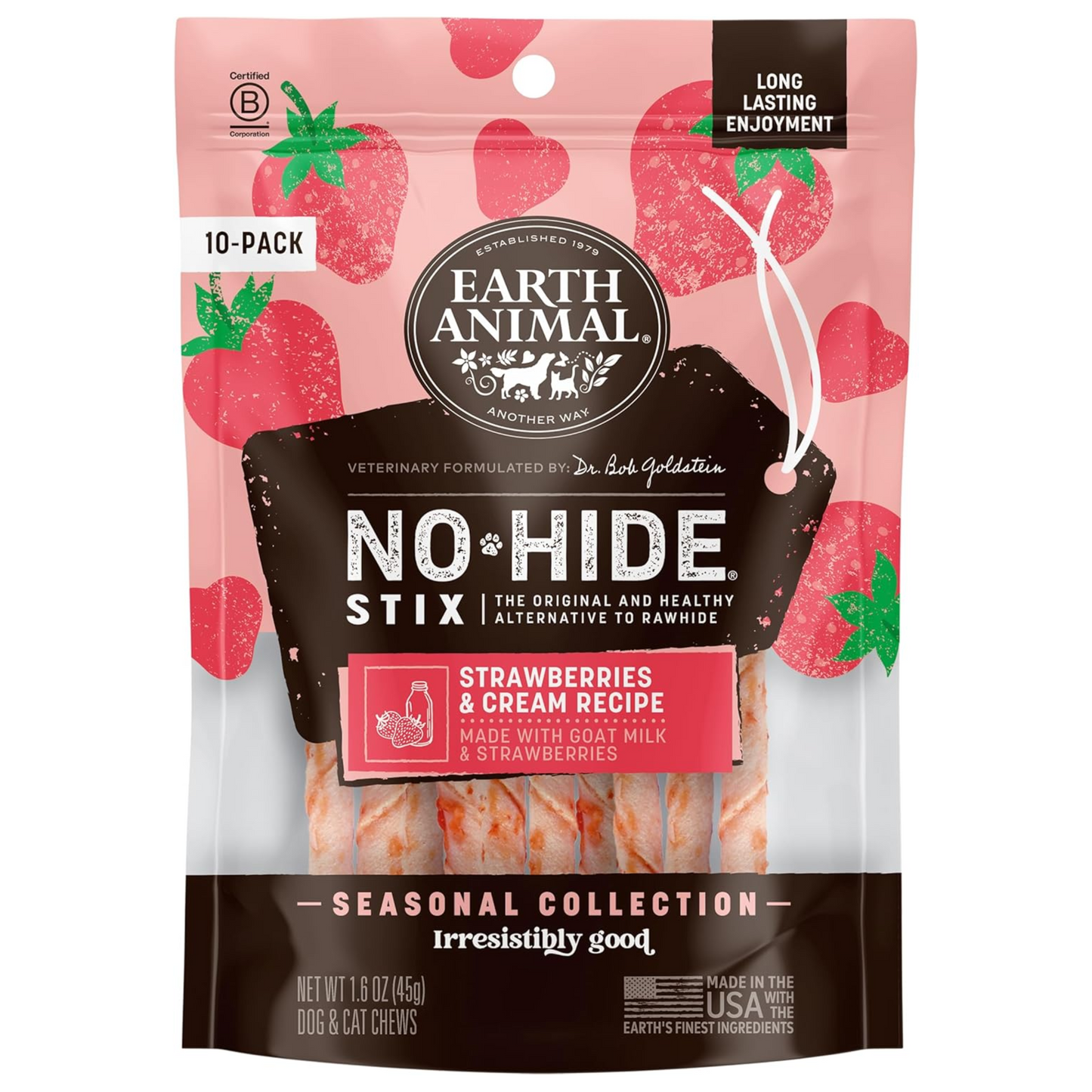 Earth Animal No-Hide Seasonal Stix – Strawberries & Cream Recipe, Natural Rawhide Alternative Dog & Cat Chews, 1.6 oz