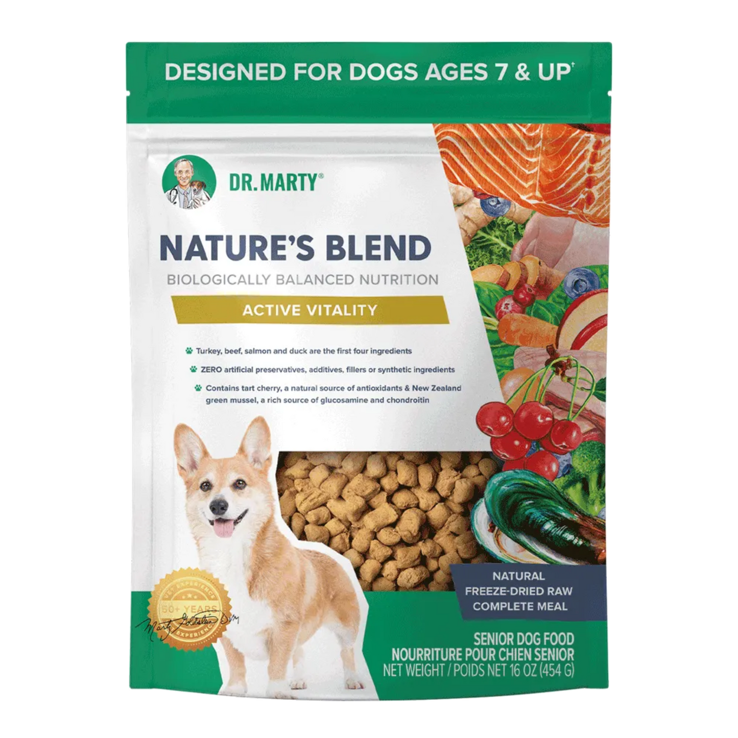 Dr. Marty Nature’s Blend Active Vitality Freeze-Dried Raw Dog Food – 16 oz, for Senior Dogs (Ages 7+)