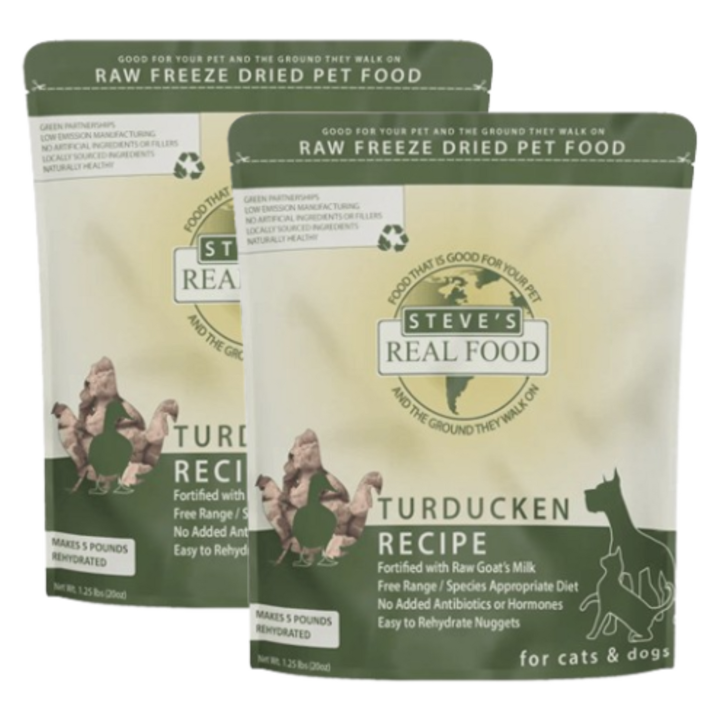 Two packages of Steve's Real Food Turducken recipe raw freeze dried pet food on a white background.