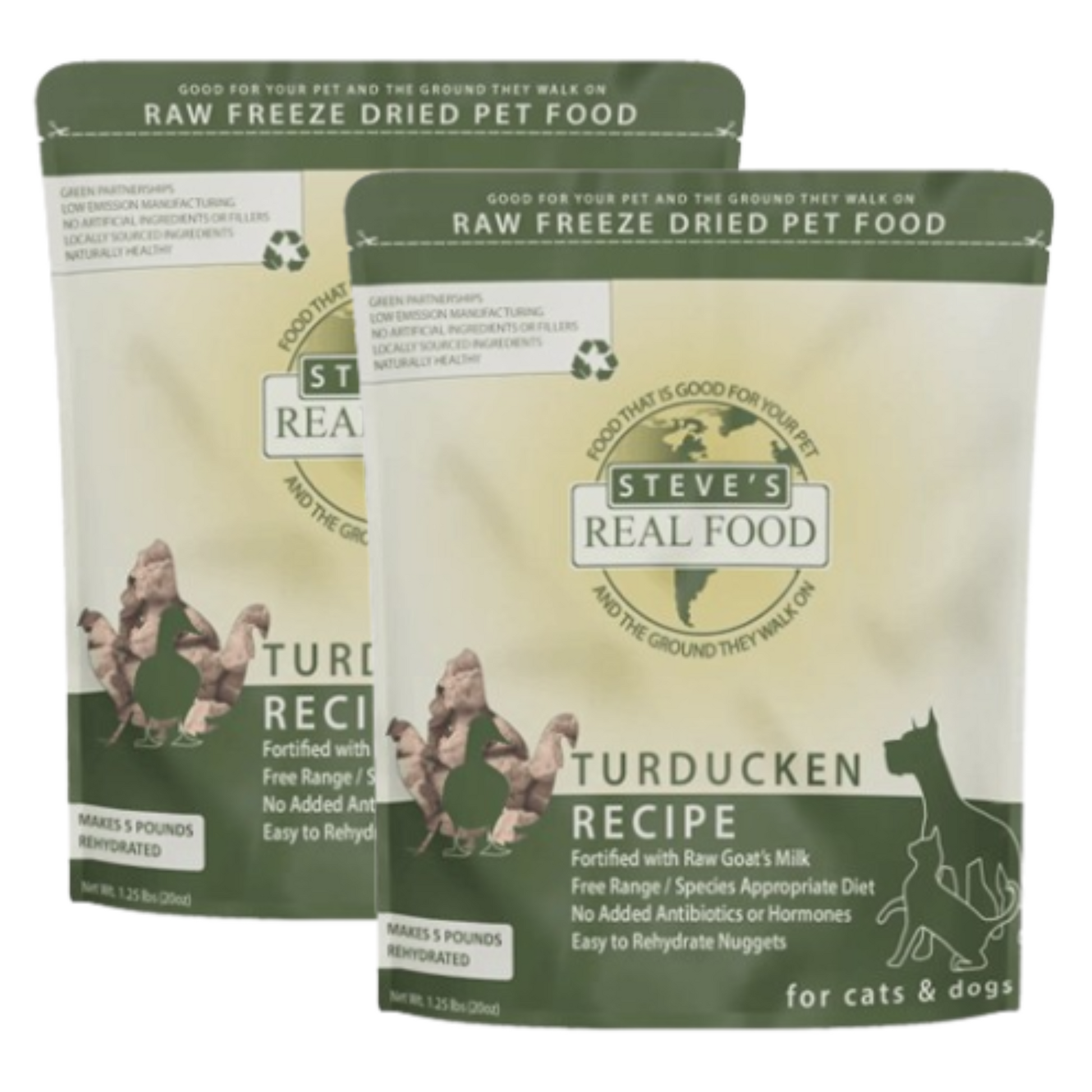 Two packages of Steve's Real Food Turducken recipe raw freeze dried pet food on a white background.